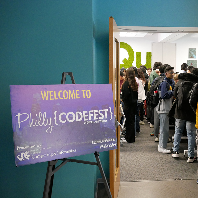 A photograph of the welcome sign and entryway into Philly Codefest 2025. 